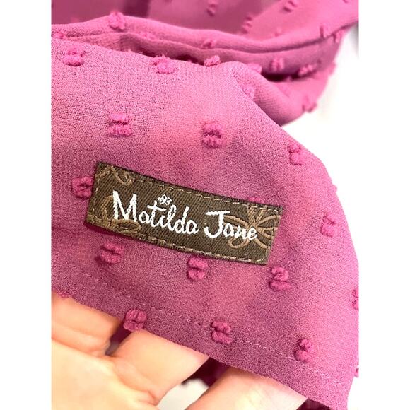 Matilda Jane Serendipity  Blouse Womens XS Mauve Swiss Dot Sheer Peasant Top - Picture 6 of 7